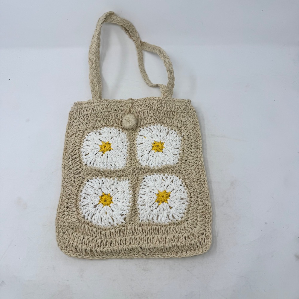 Unbranded Crochet Tote Bag Beige OS Daisy Boho Straw Woven Floral Summer Neutral